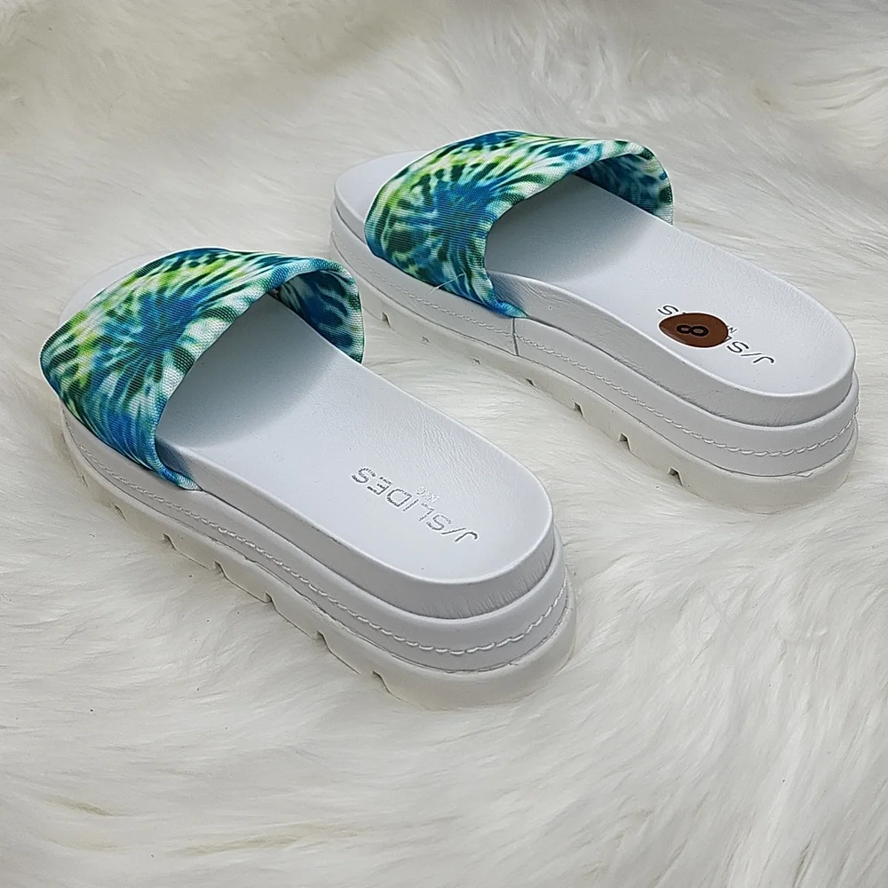 J/SLIDES NYC Brit Slide Sandal Slip On Platforms Blue Green Tie Dye